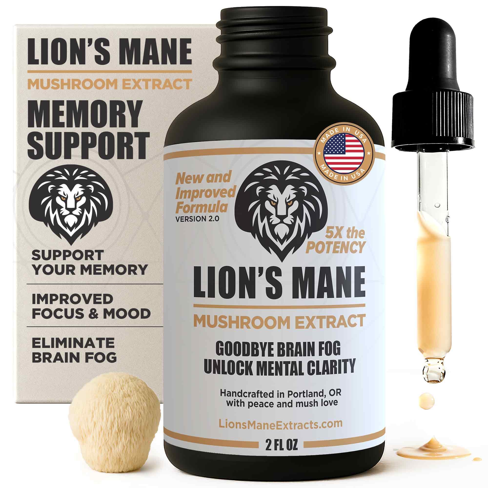 Front view of Lion's Mane tincture bottle, 2 oz, USA-grown