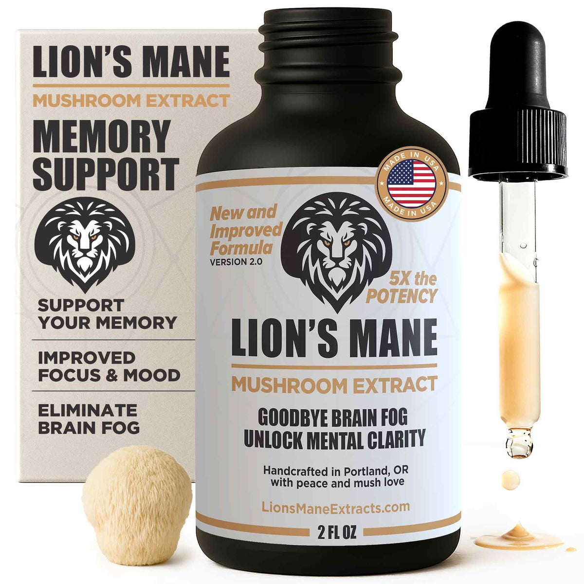 Front view of Lion's Mane tincture bottle, 2 oz, USA-grown