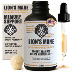 Front view of Lion's Mane tincture bottle, 2 oz, USA-grown