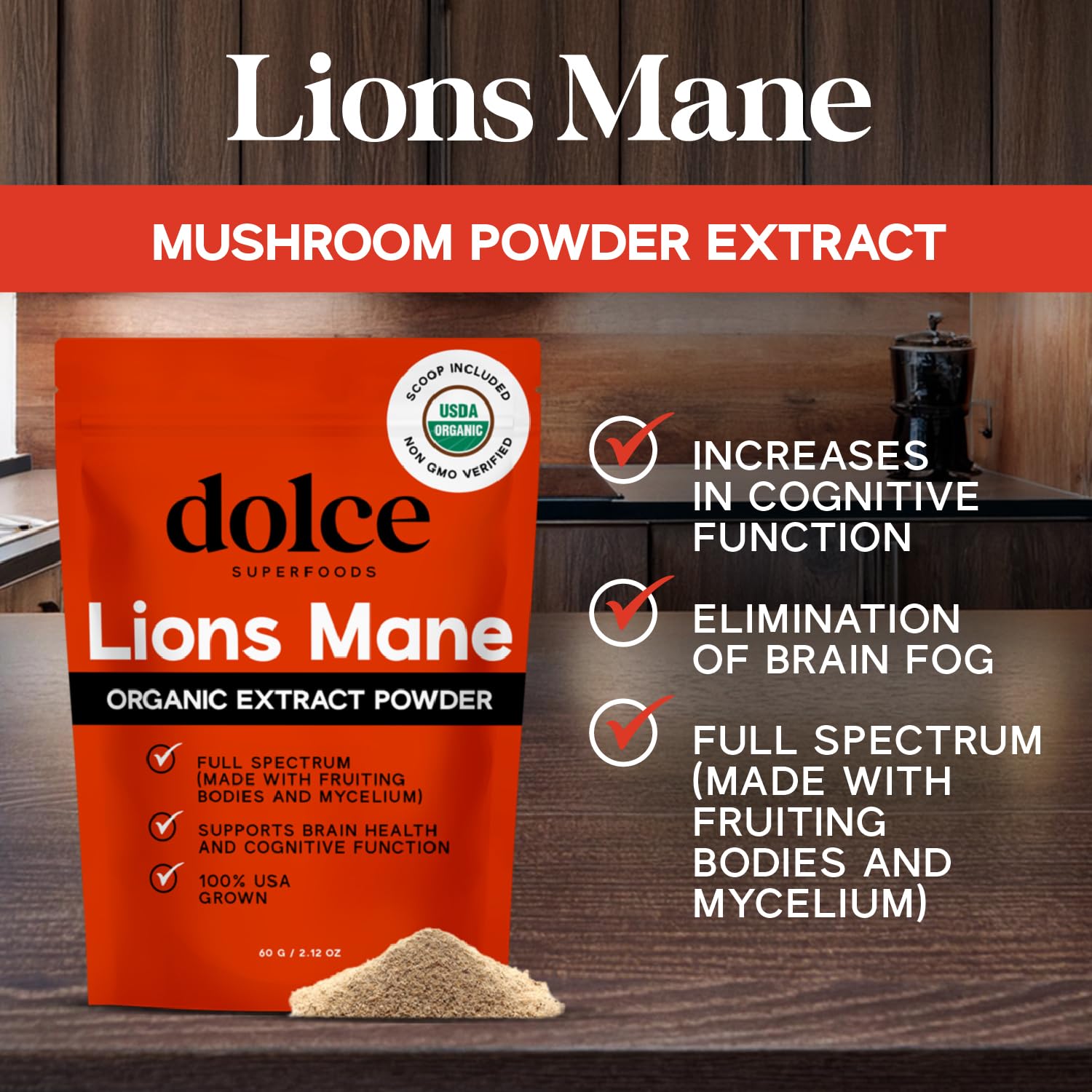 Close-up of organic Lion's Mane mushroom powder