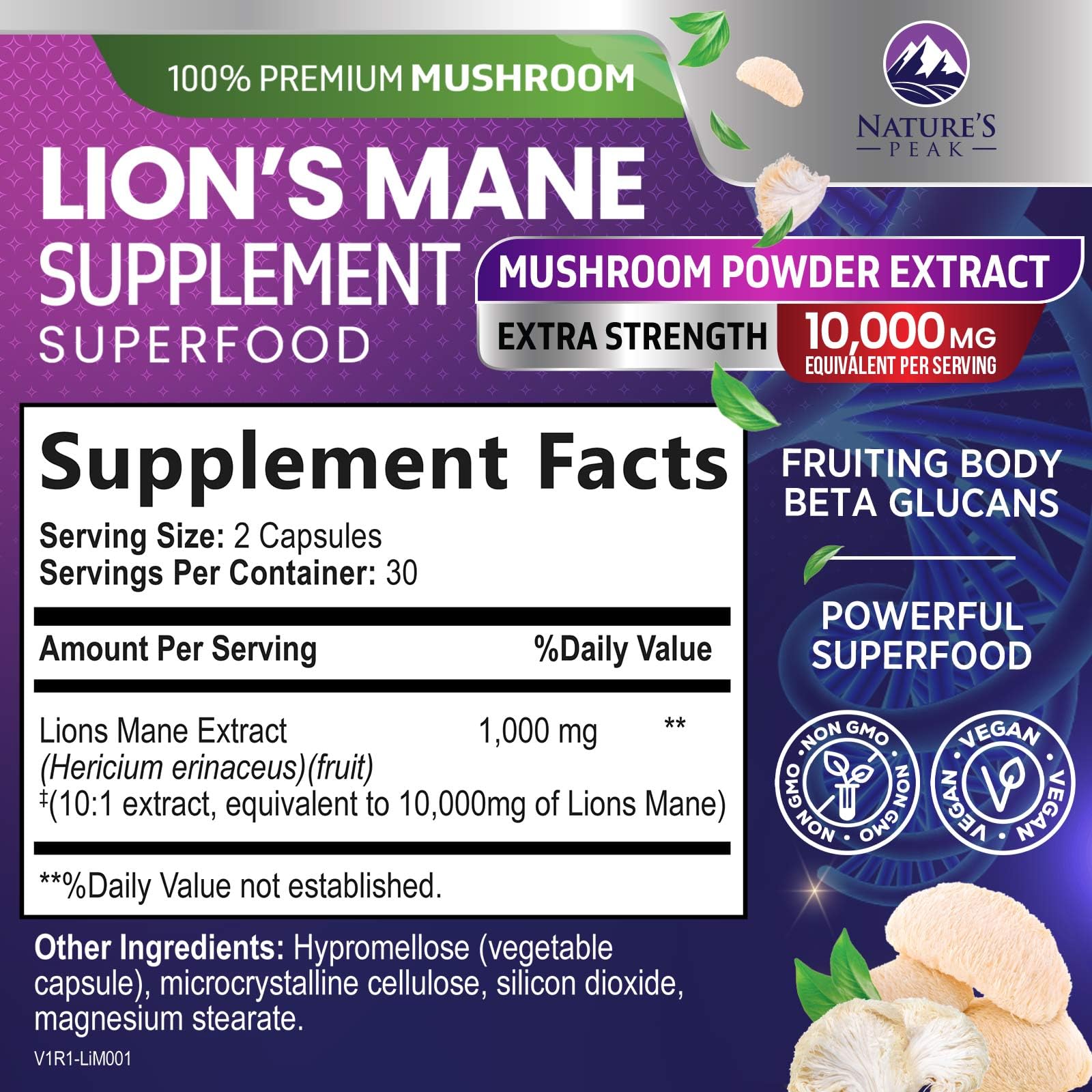 Back view of Lions Mane capsules bottle showing supplement facts