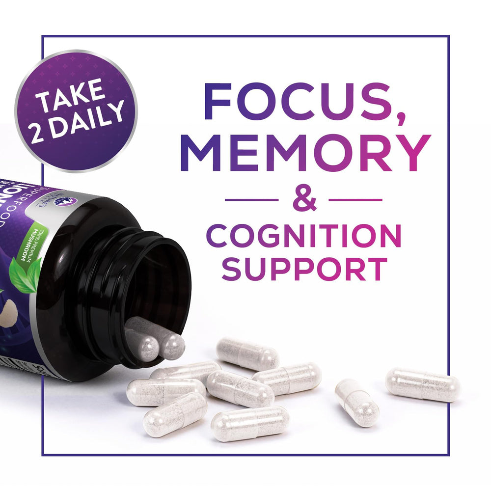 Nutrition and ingredients label on Lions Mane capsules packaging