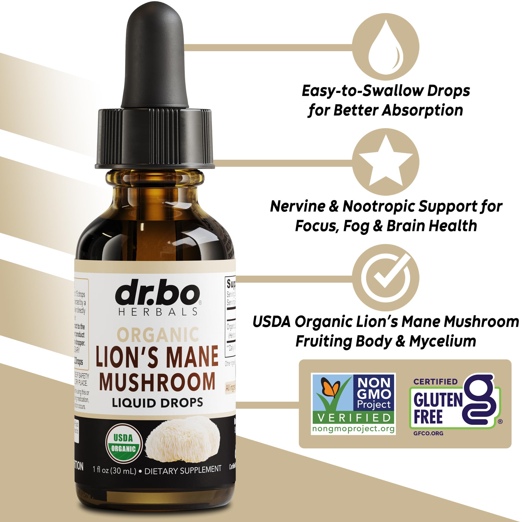 Close-up of organic Lions Mane tincture drops