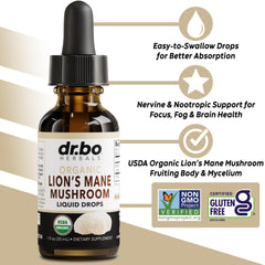 Close-up of organic Lions Mane tincture drops