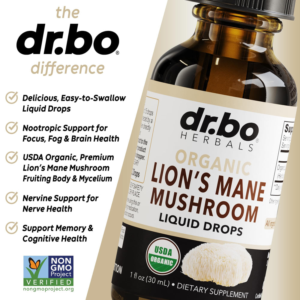 Ingredients and organic label for Lions Mane drops