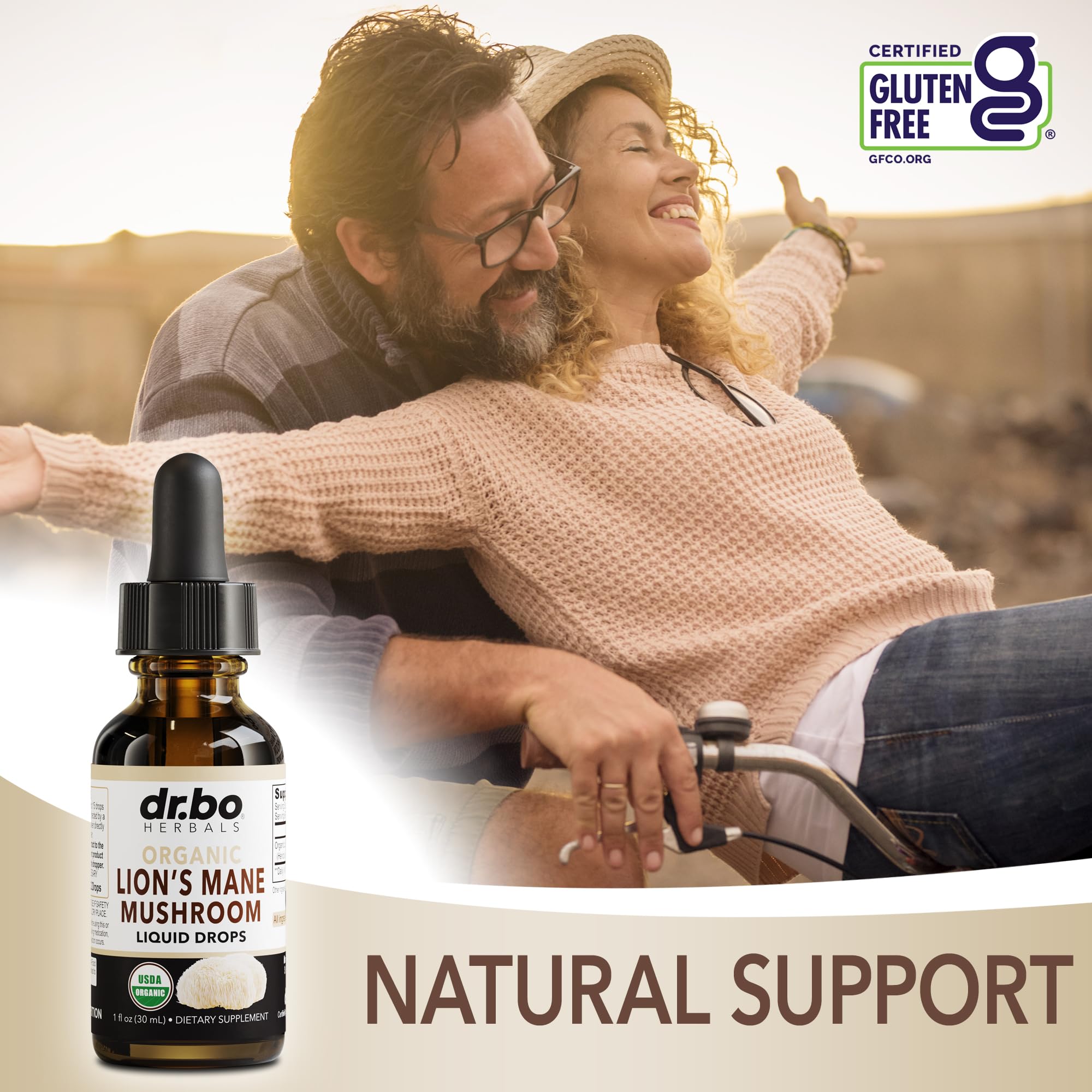 Graphic showing brain and immune support icons with Lions Mane