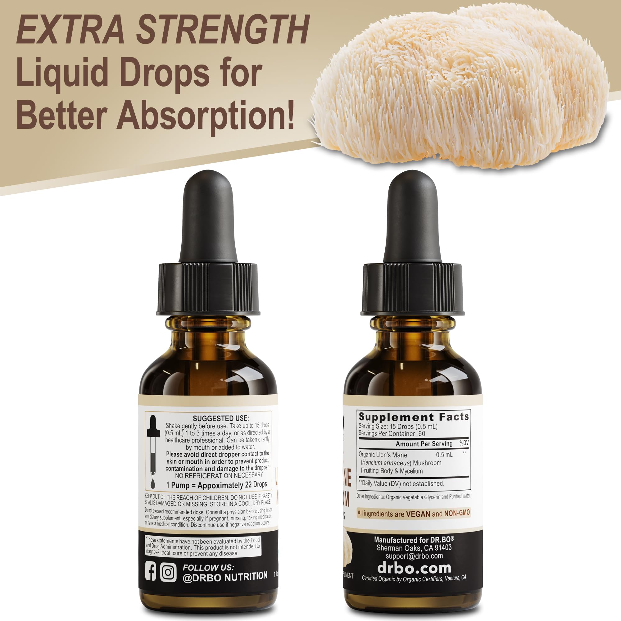 Serving dropper for easy taking Lions Mane supplement