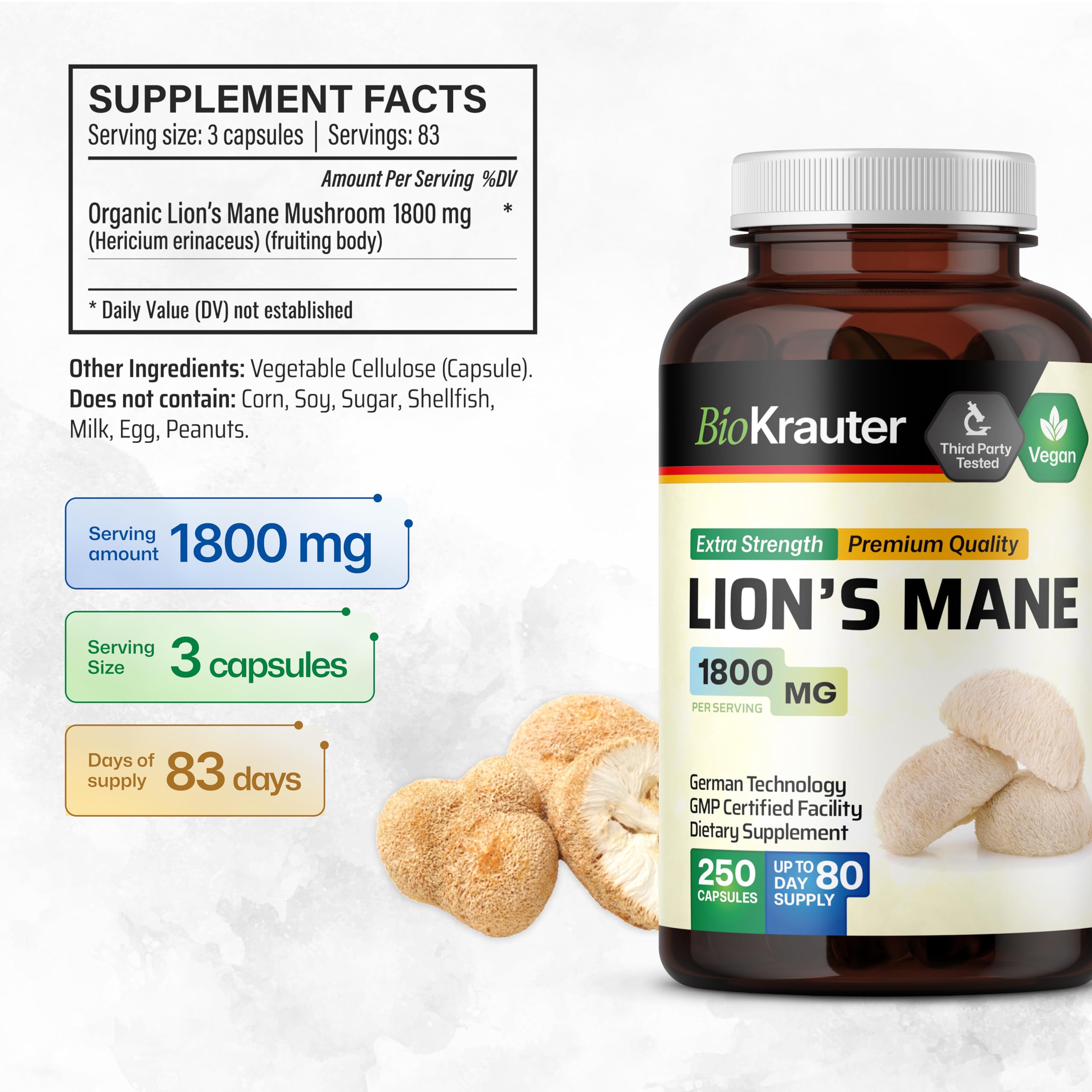 Close-up of Lions Mane extract powder from Hericium erinaceus