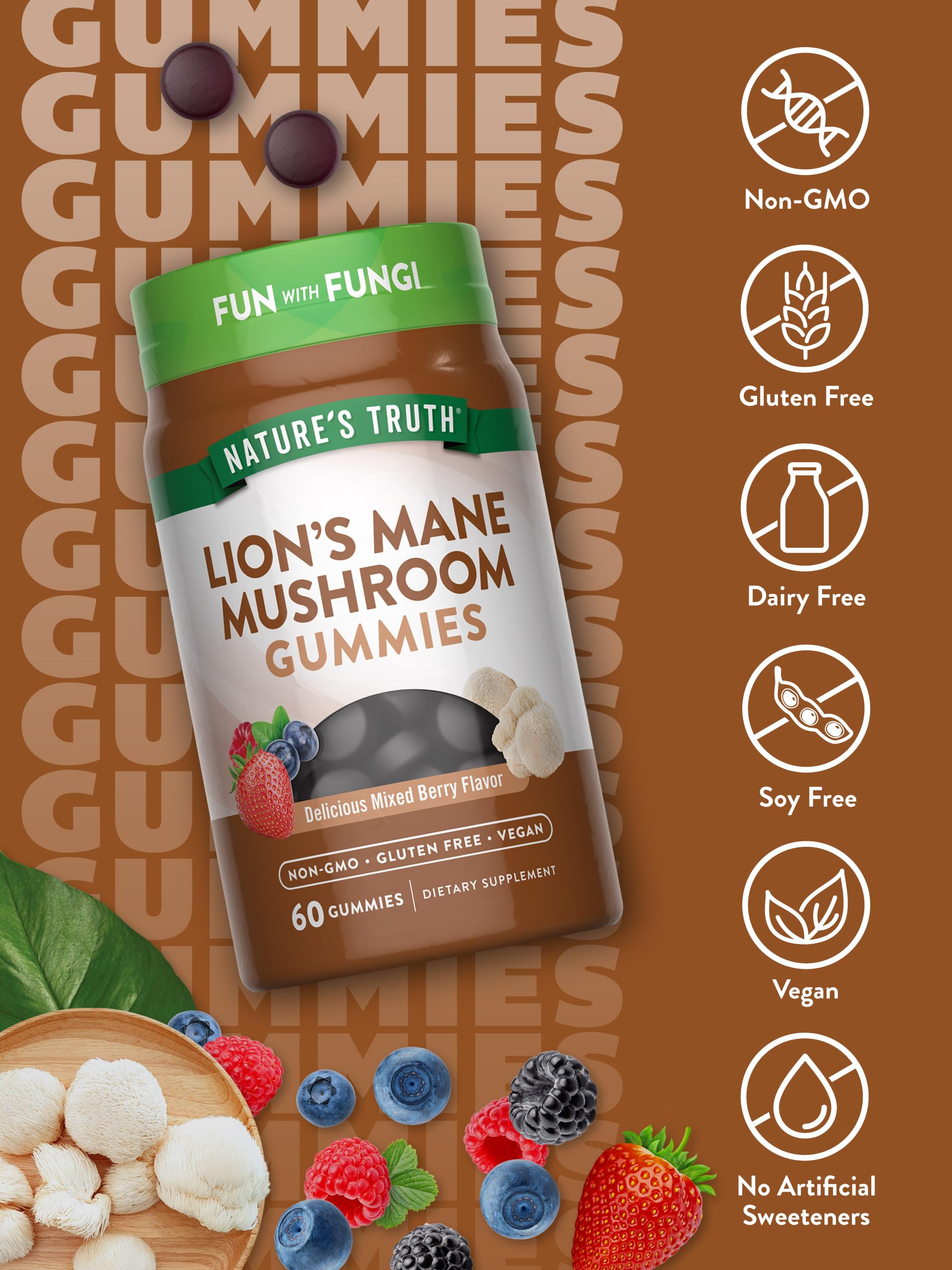Close-up of mixed berry flavored Lion's Mane gummies