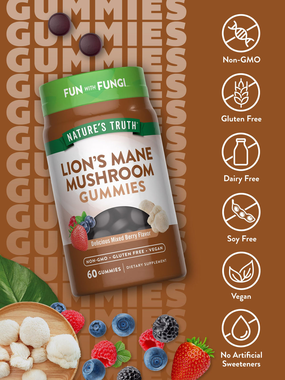 Close-up of mixed berry flavored Lion's Mane gummies