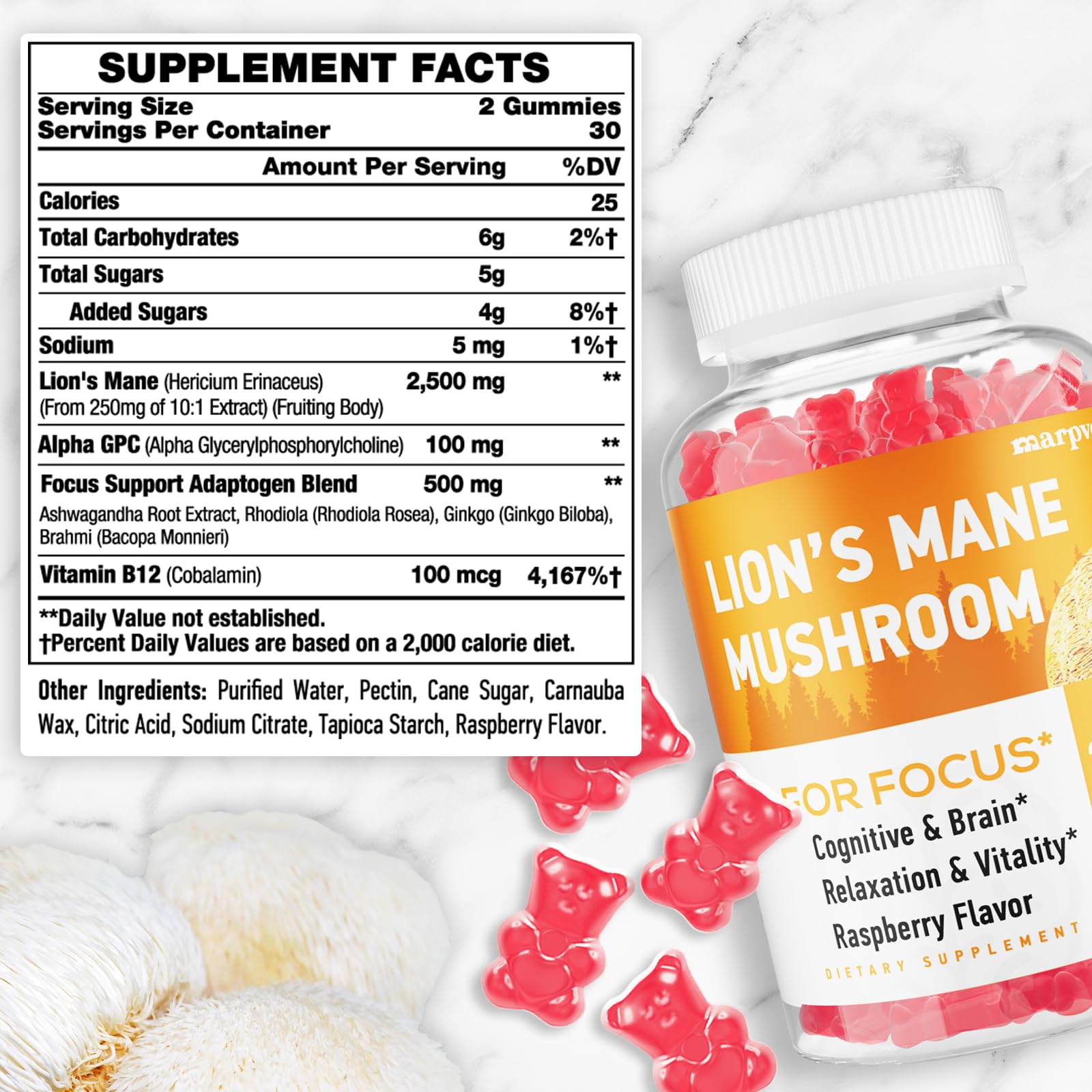 Packaging for Lions Mane Gummies highlighting organic ingredients