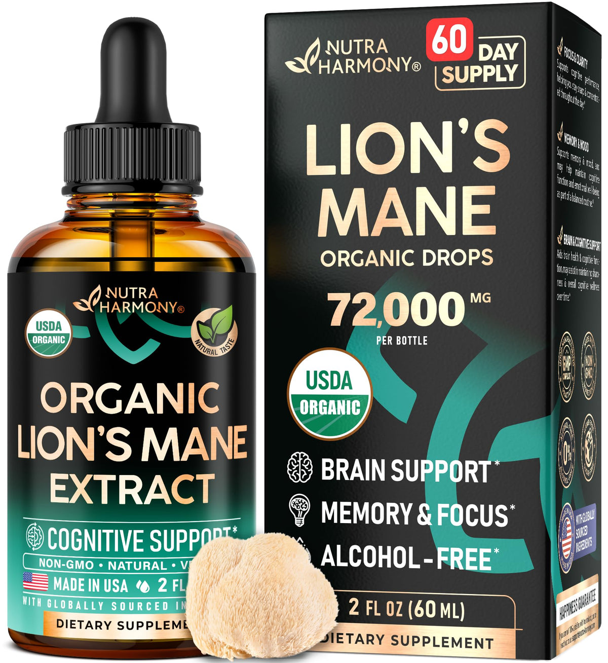 Lions Mane Liquid bottle displaying 72,000 mg per bottle