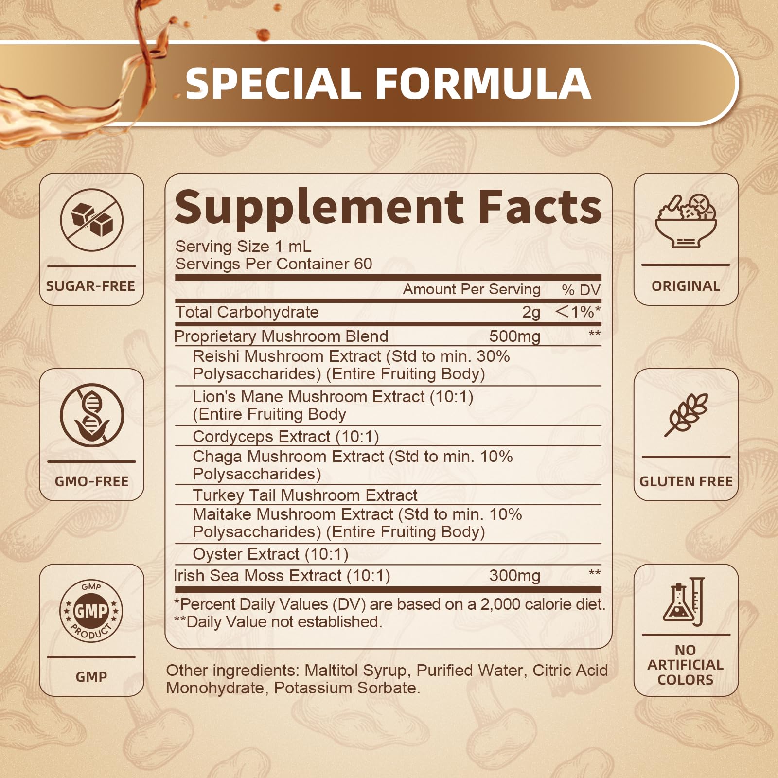 Peach-flavored Lions Mane liquid drops bottle