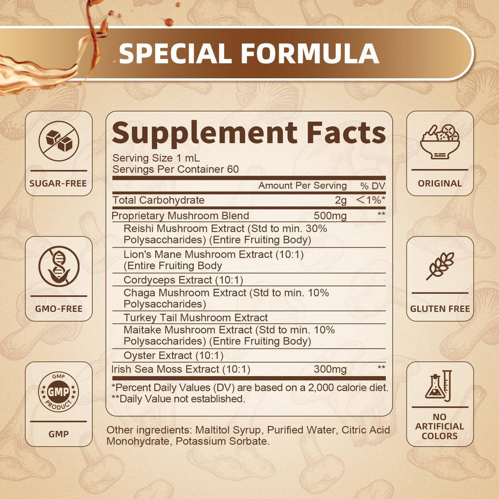 Peach-flavored Lions Mane liquid drops bottle
