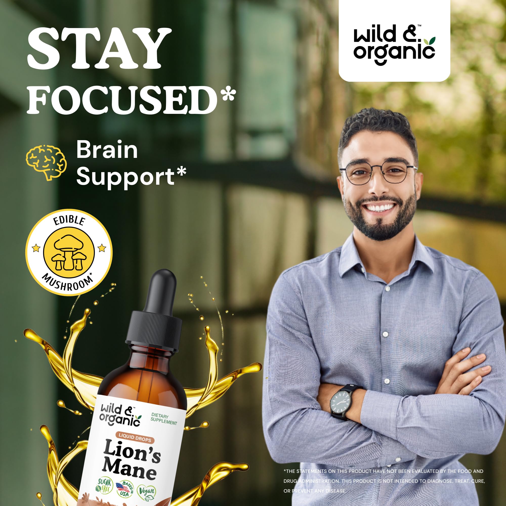 2 oz bottle of Wild & Organic Lions Mane liquid drops