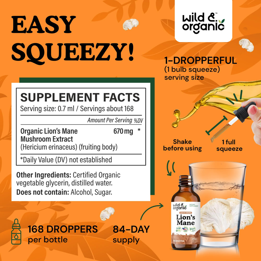Lions Mane bottle label highlighting vegan and alcohol-free