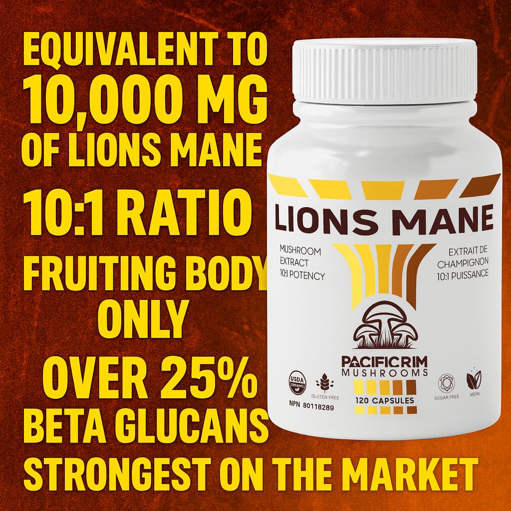 Two Lion's Mane capsules showing a 1000 mg serving