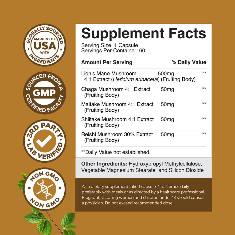 Close-up of Lion's Mane and other mushrooms in the 5-in-1 complex