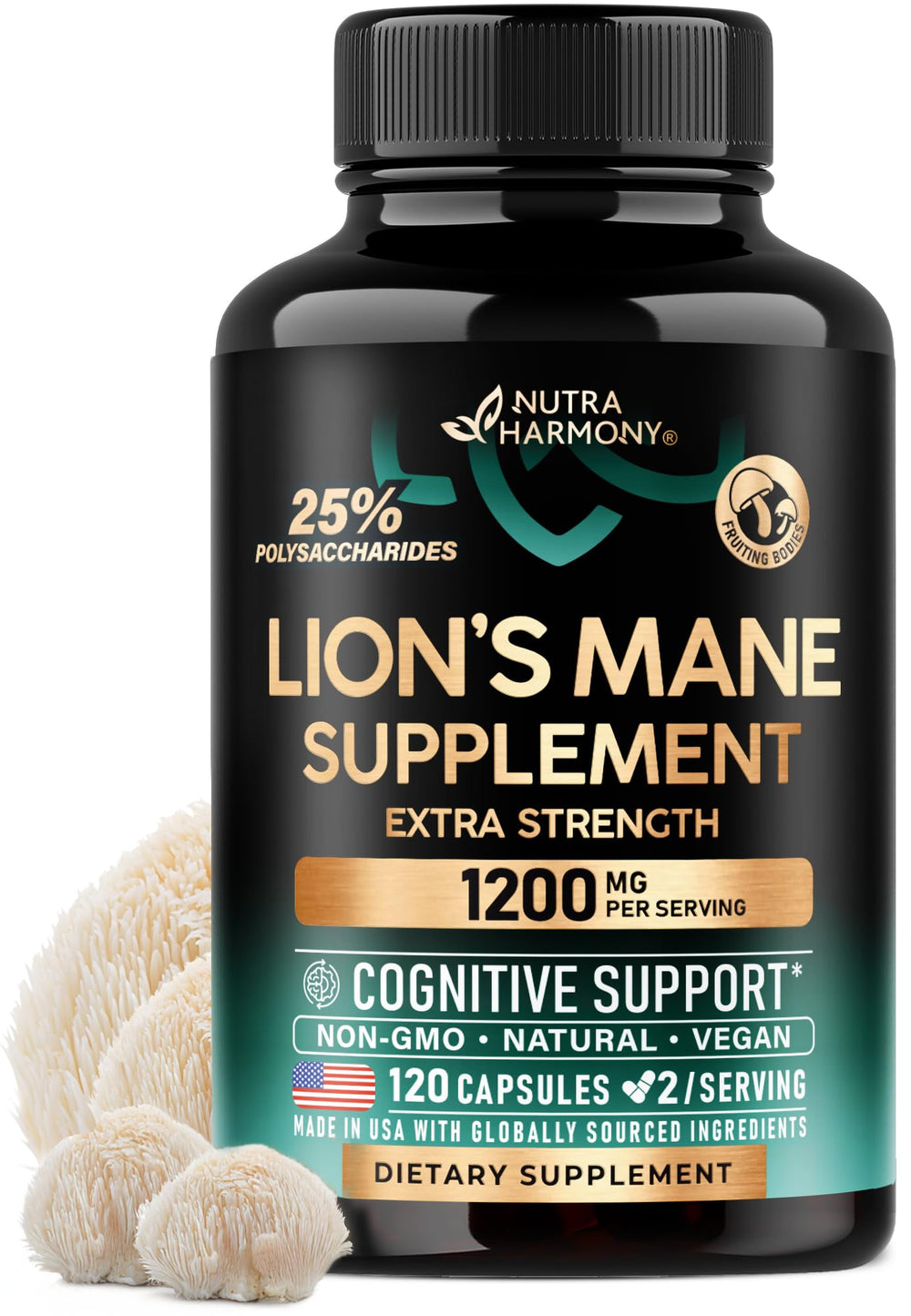 Lions Mane supplement capsules bottle labeled 1200 mg