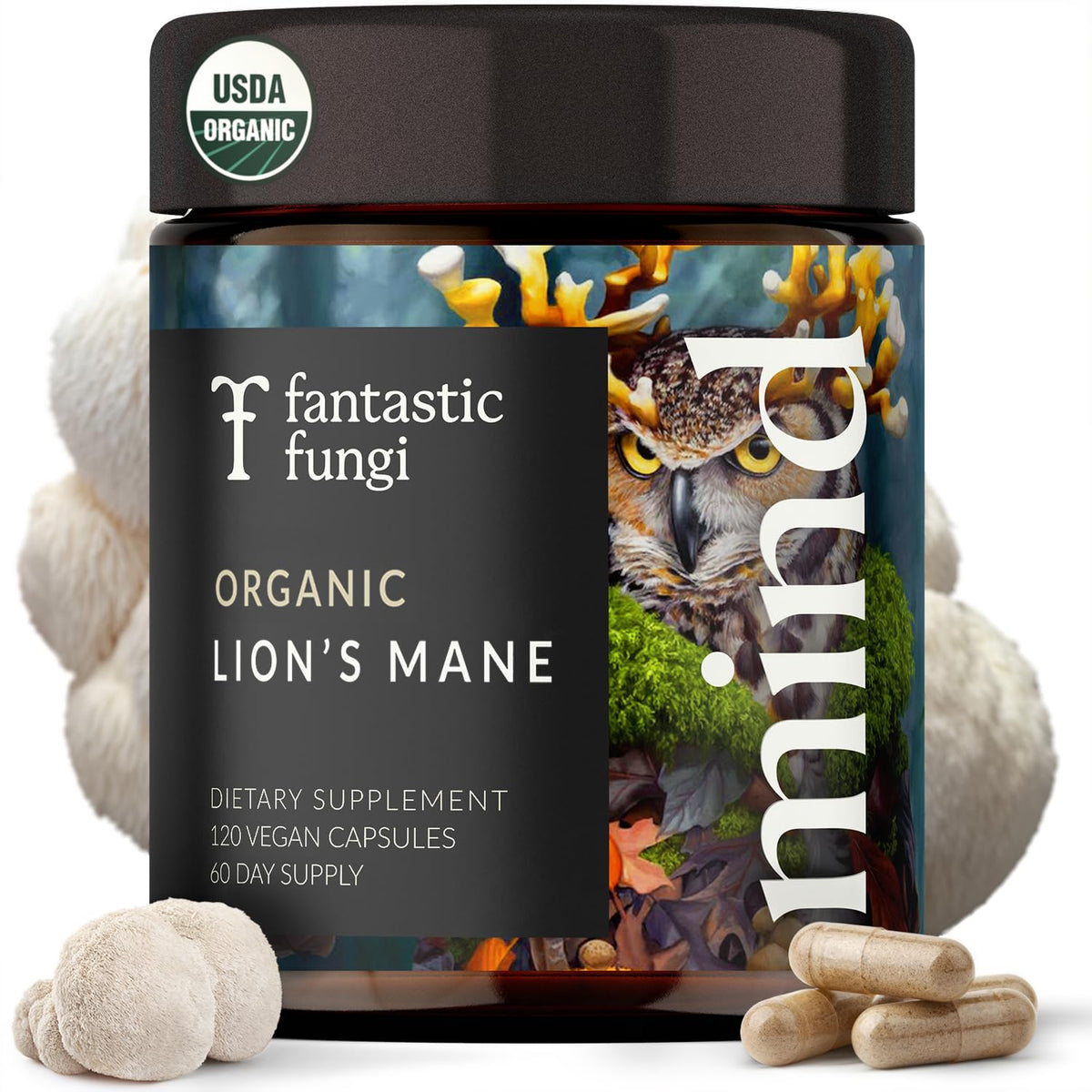 Front view of Lions Mane supplement capsules bottle