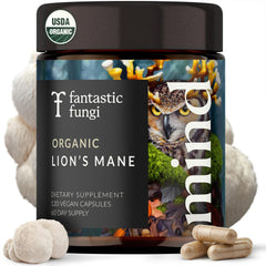 Front view of Lions Mane supplement capsules bottle