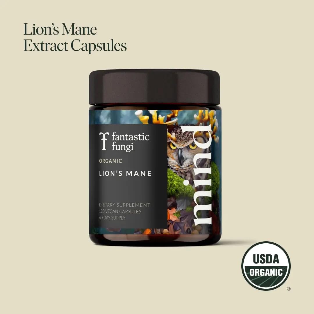 Side view of Lions Mane capsules bottle