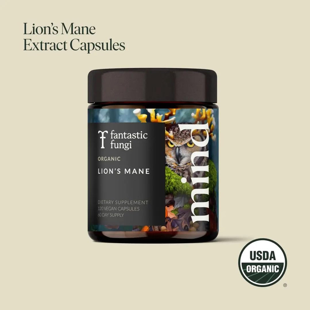 Side view of Lions Mane capsules bottle