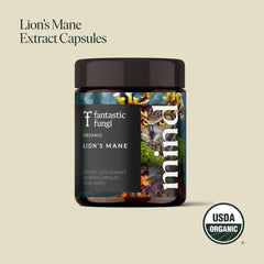 Side view of Lions Mane capsules bottle