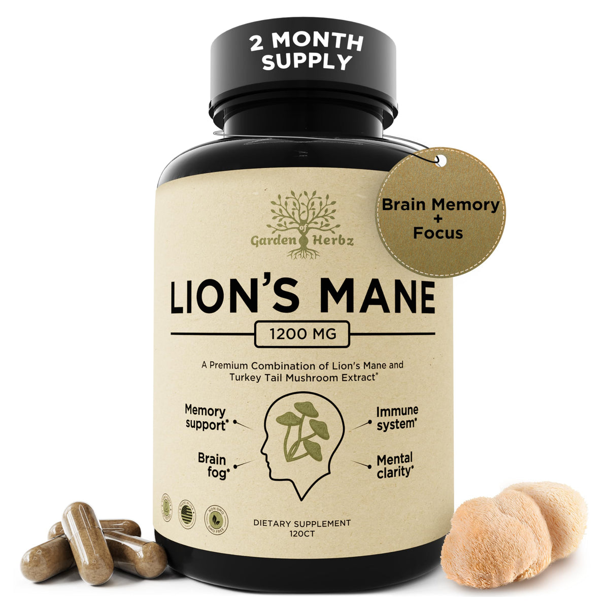 Bottle of Lions Mane and Turkey Tail capsules on white background