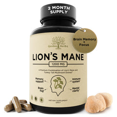 Bottle of Lions Mane and Turkey Tail capsules on white background