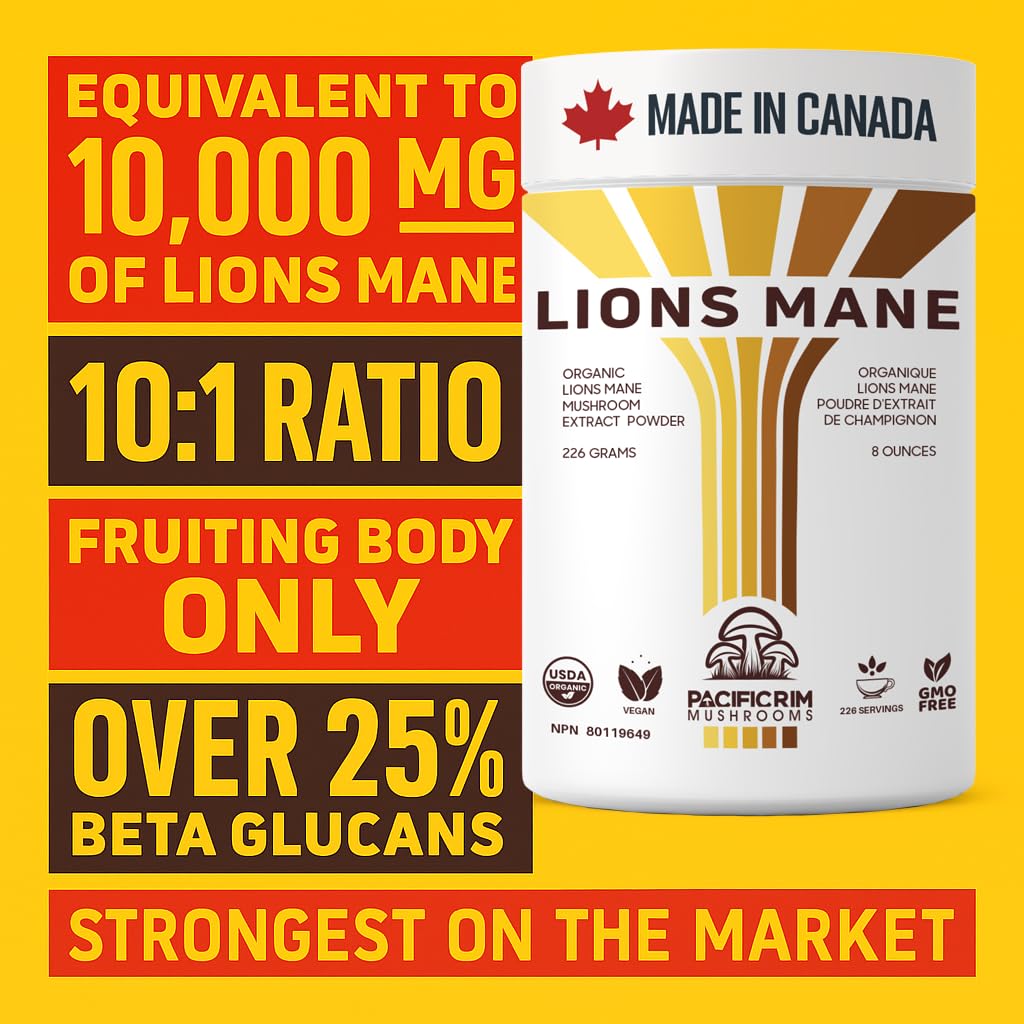 Organic Lions Mane powder label showing certification