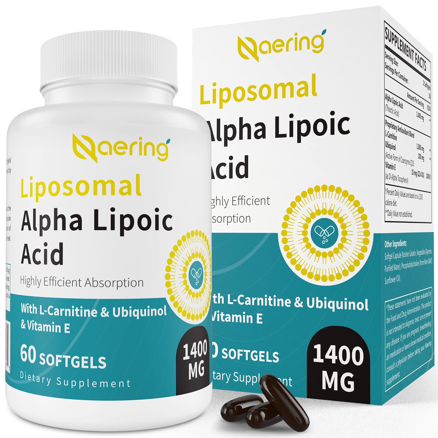 Bottle of Liposomal Alpha Lipoic Acid 1400mg Softgels with label