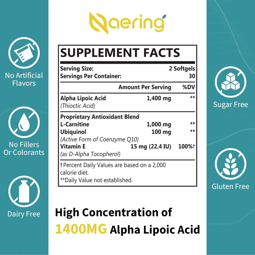 Product label showing ALA 1400mg, L-Carnitine 1000mg, CoQ10 and Vitamin E