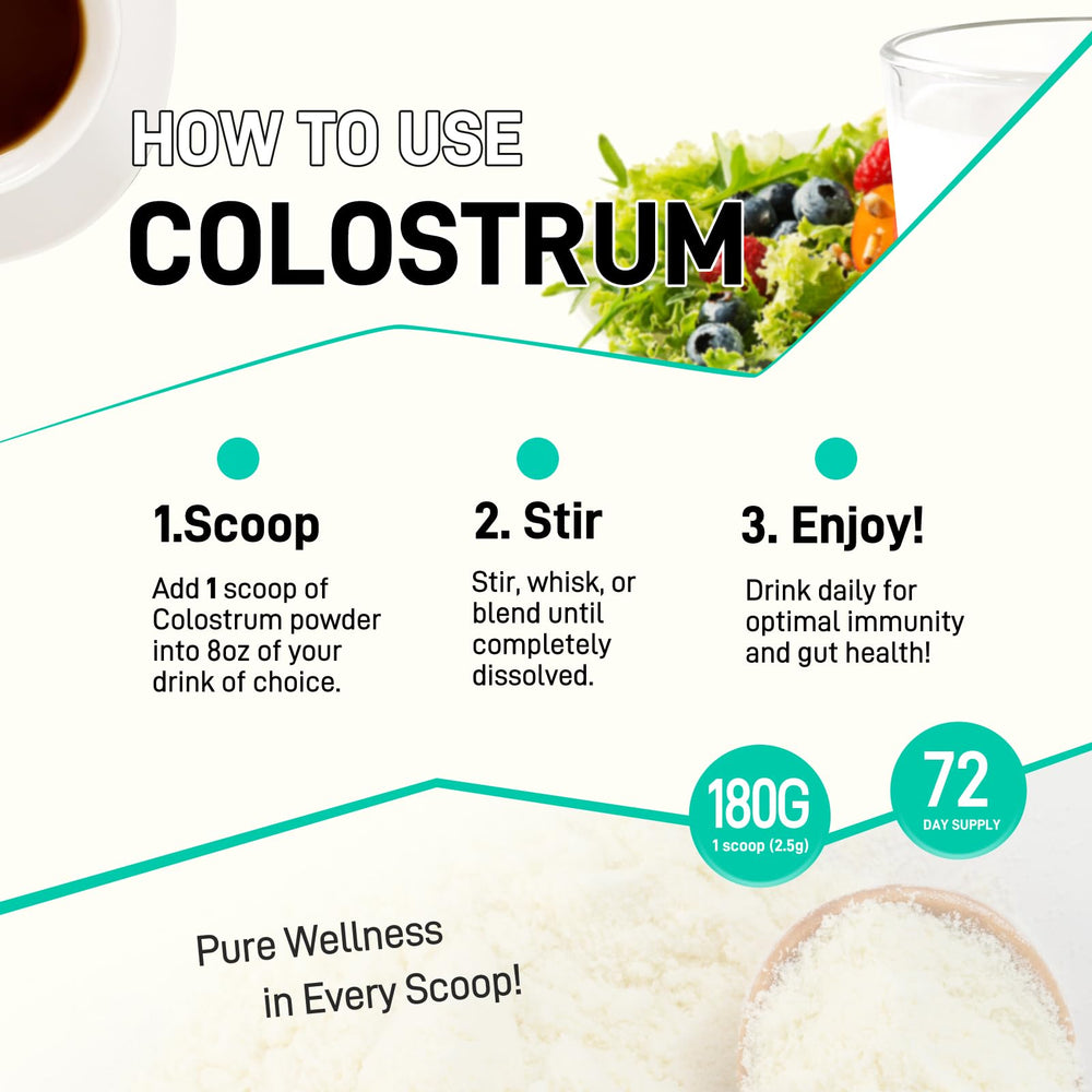 Scoop of liposomal colostrum powder beside a scoop