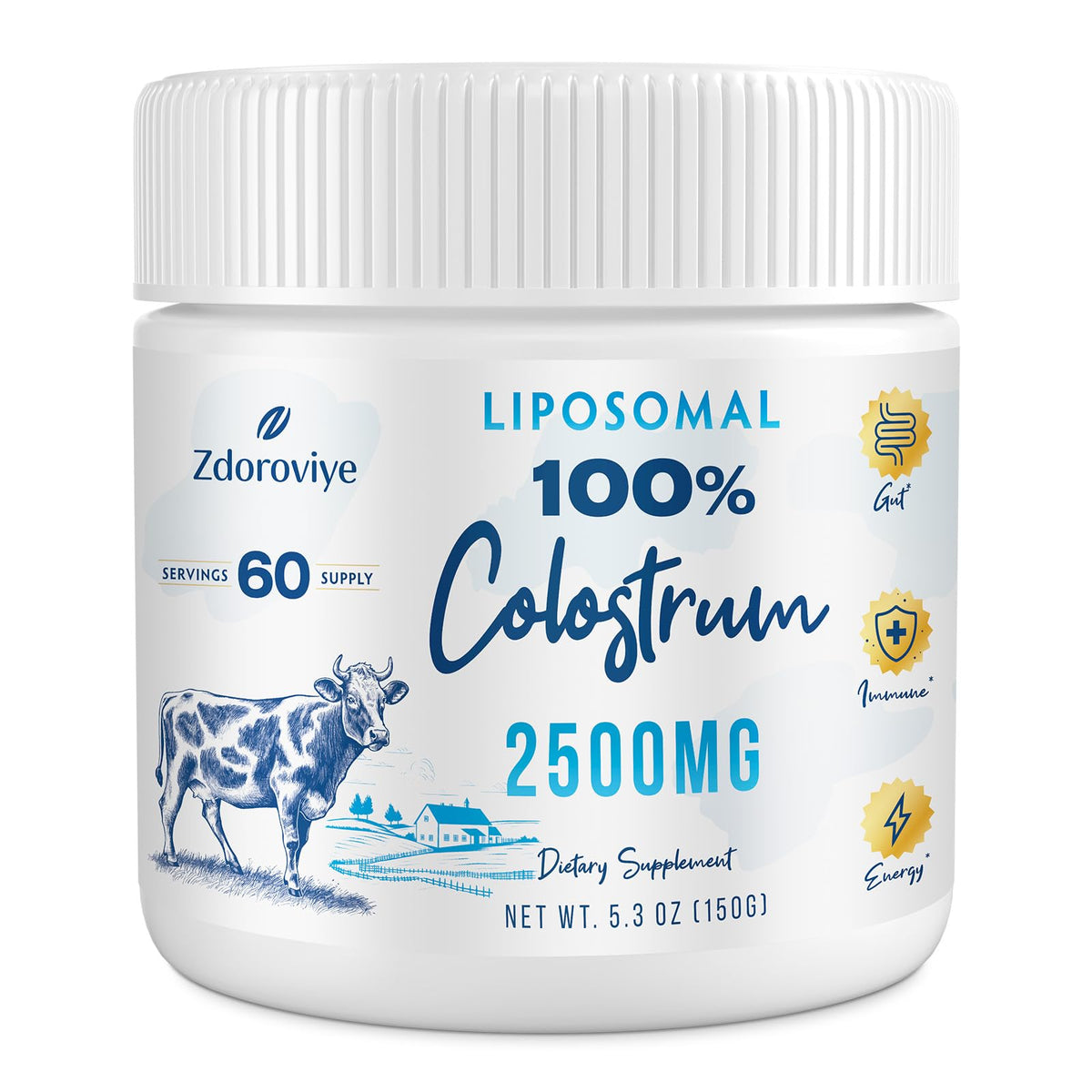 Hero image: Liposomal Bovine Colostrum Powder supplement bottle with 2500 mg and 60 servings