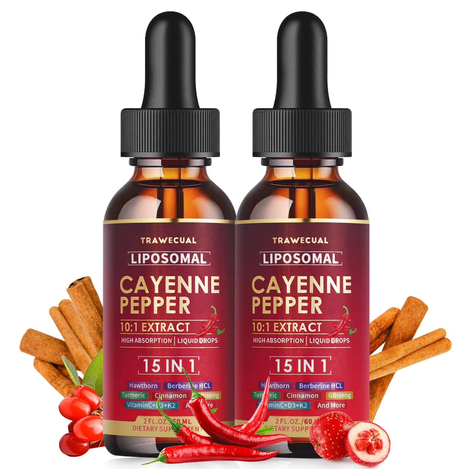 Two-pack Liposomal Cayenne Pepper Drops bottle set (60 ml each, 120 ml total).