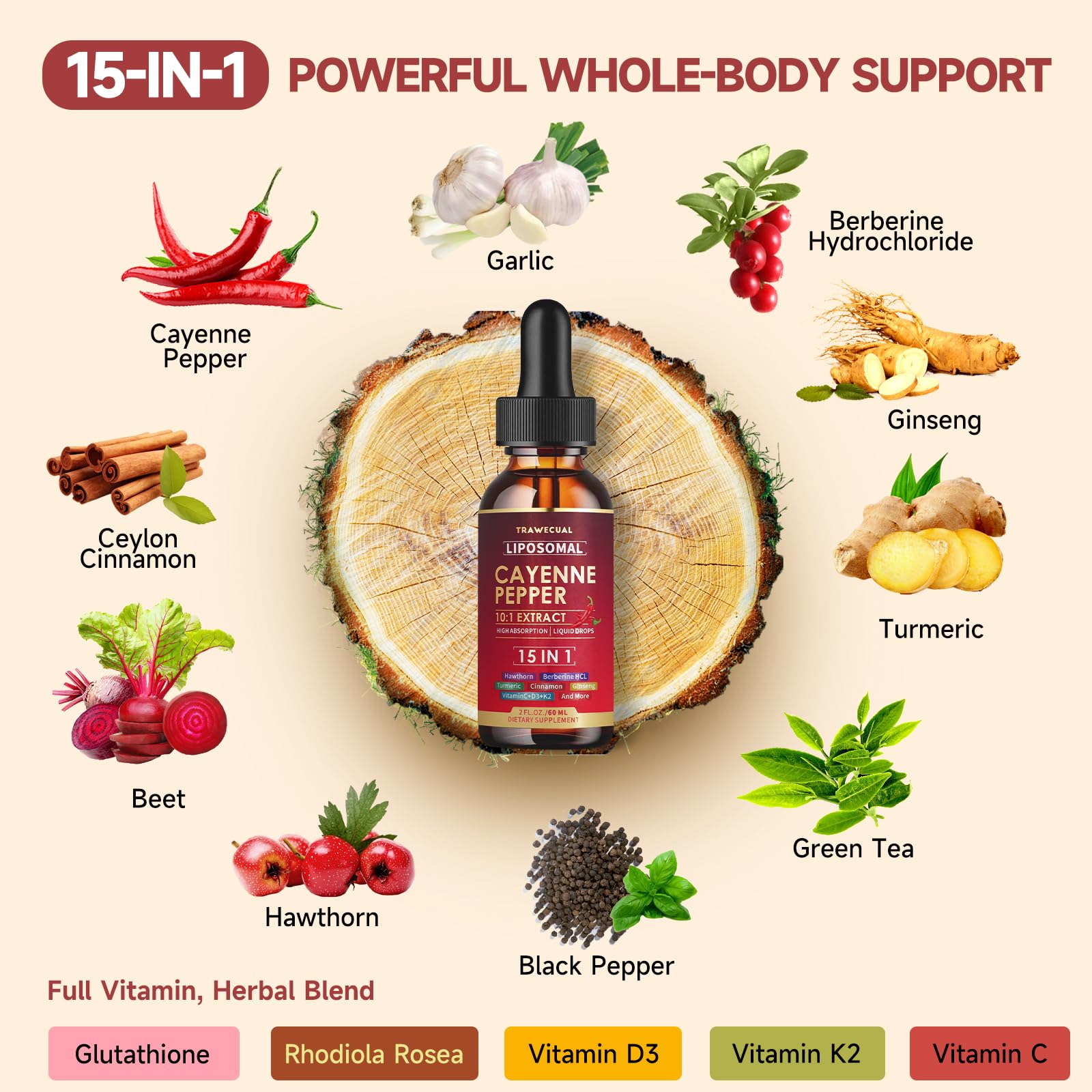 Graphic highlighting 15 natural ingredients including cayenne, beet root, turmeric and hawthorn.