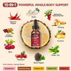 Graphic highlighting 15 natural ingredients including cayenne, beet root, turmeric and hawthorn.