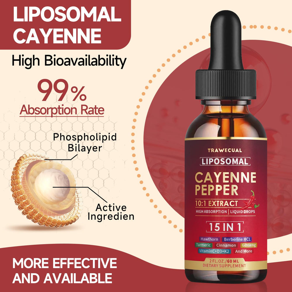 Bottle and dropper of Liposomal Cayenne Pepper Drops (2 oz).