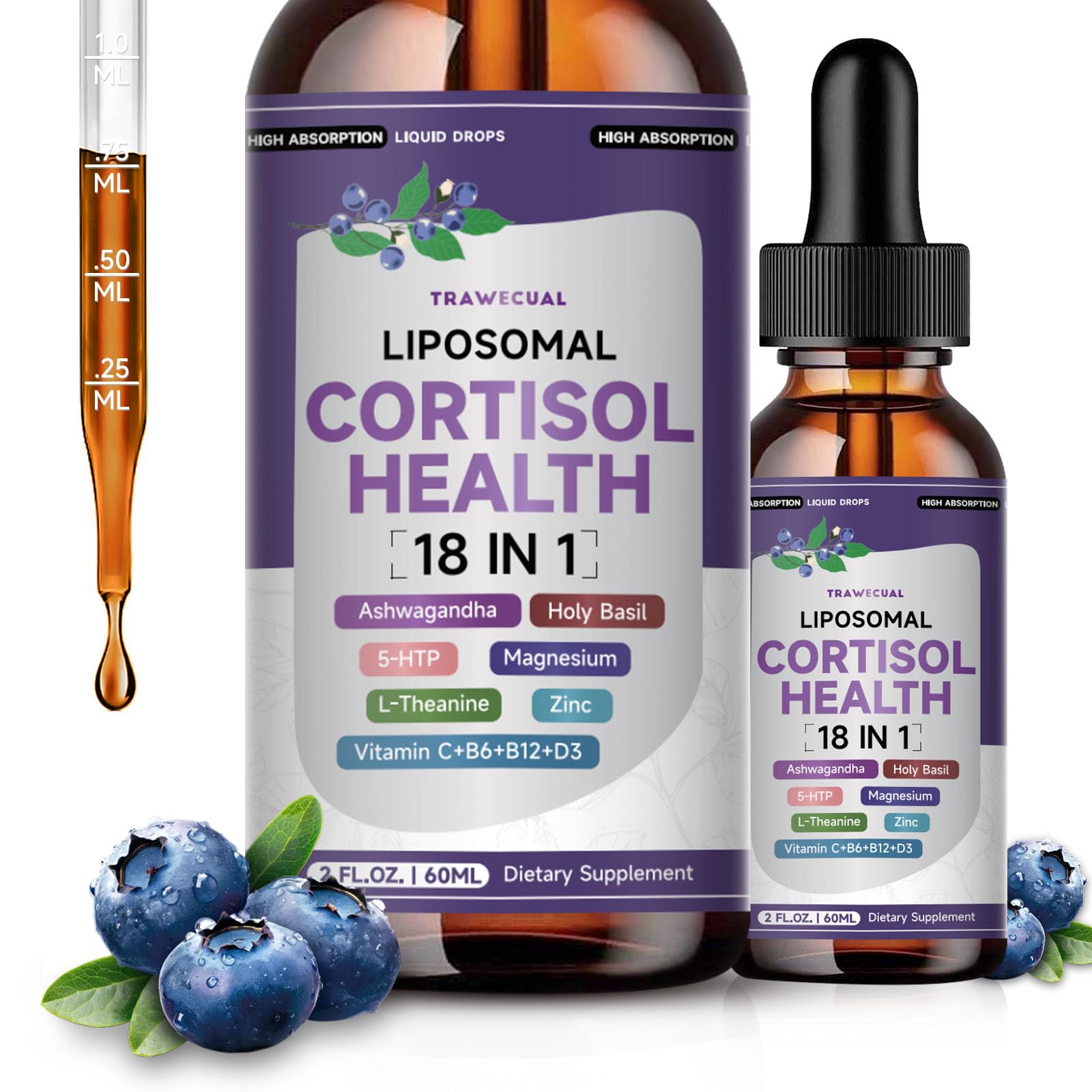 Front view of Liposomal Cortisol Drops bottle in Blueberry flavor, 60ml