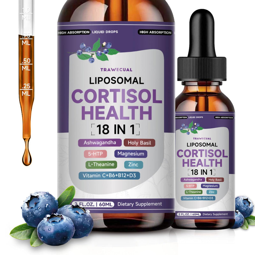 Front view of Liposomal Cortisol Drops bottle in Blueberry flavor, 60ml