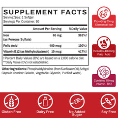 Close-up of 65 mg iron with folic acid and B12 labels