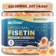 Bottle label showing Liposomal Fisetin 200mg & Trans-Resveratrol 500mg gummies