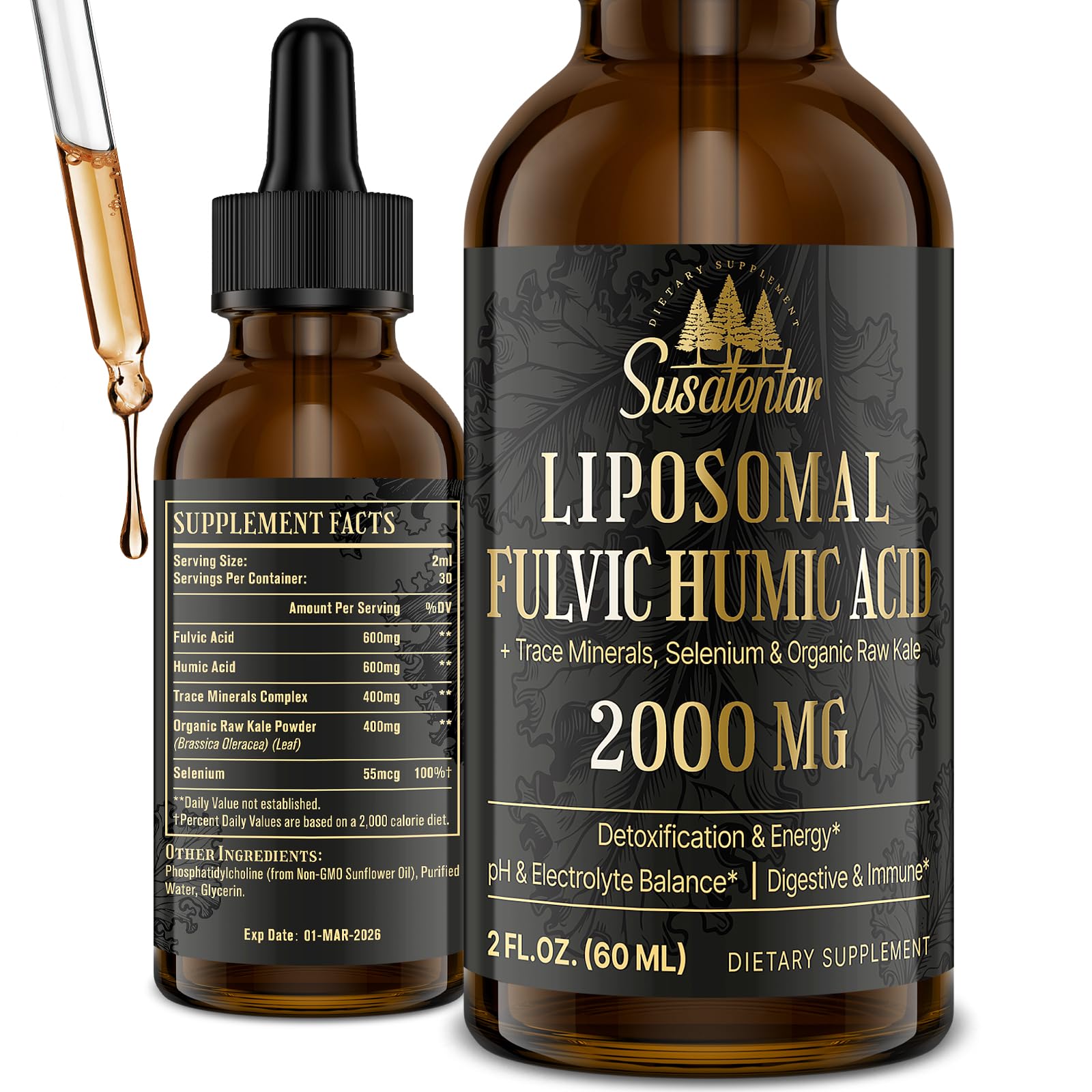 Bottle of 2000 mg liposomal fulvic and humic acid with trace minerals