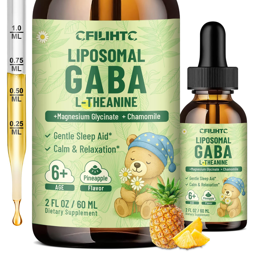 Front view of Liposomal GABA L-Theanine Drops bottle in pineapple flavor