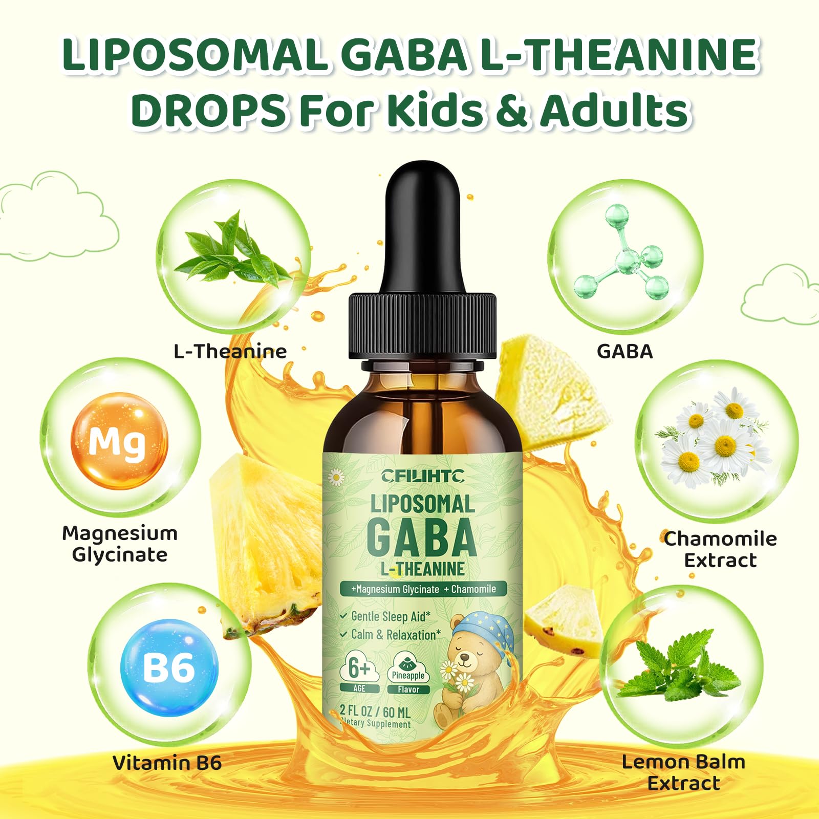 Label and bottle of Liposomal GABA L-Theanine Drops for kids