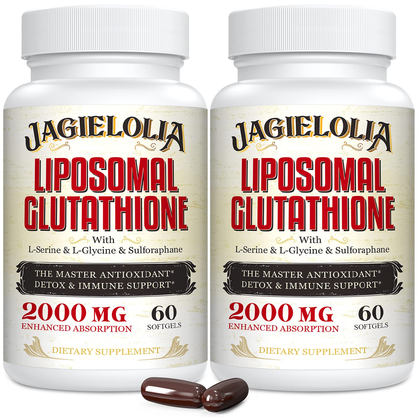Front view of Liposomal Glutathione 2000 mg softgel bottle (120 softgels)