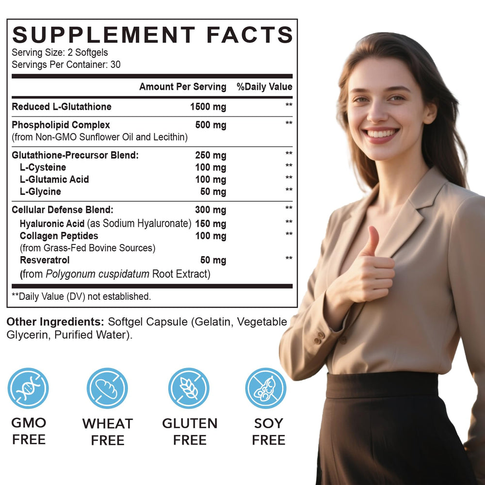 Close-up of shiny liposomal glutathione softgels