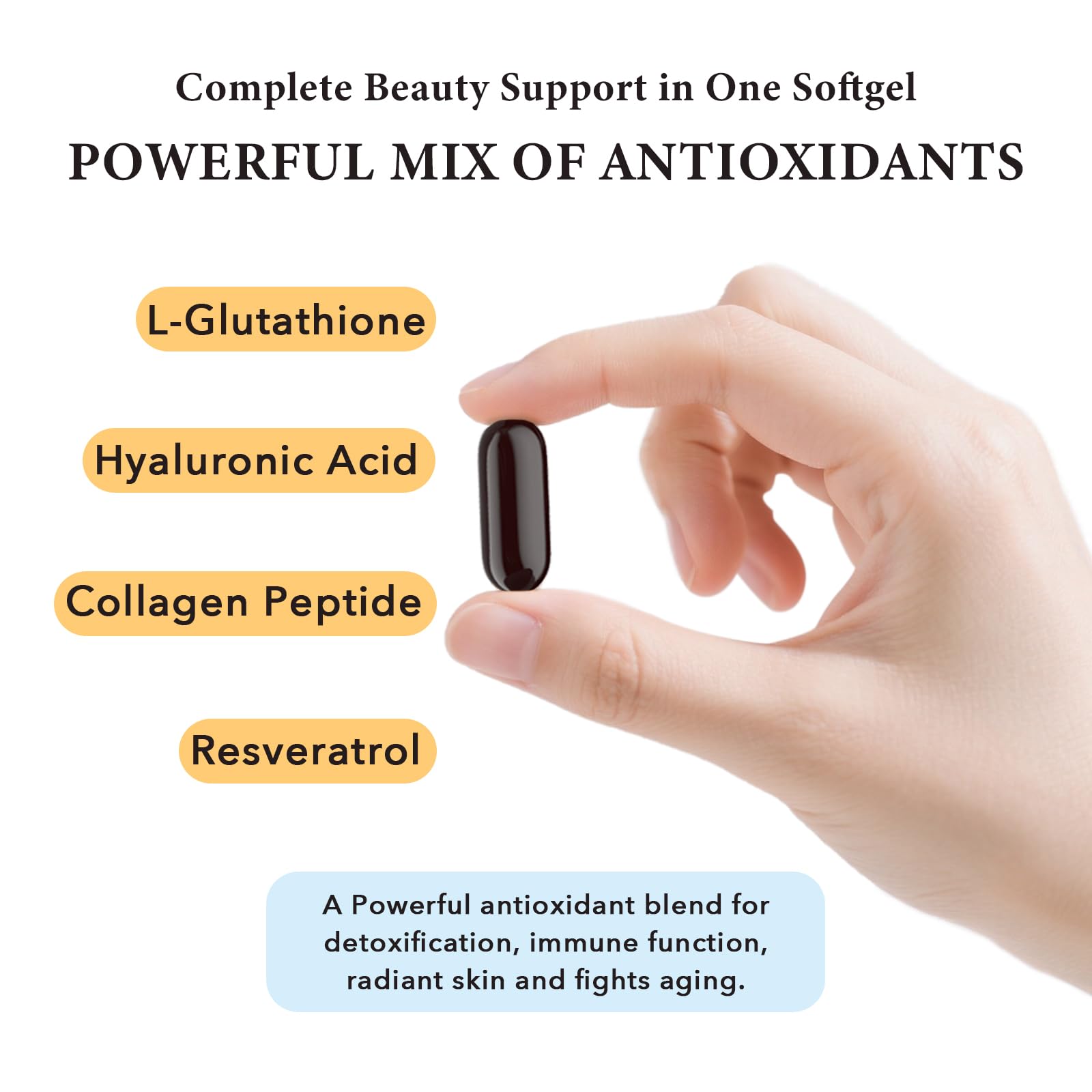 High-potency liposomal glutathione ingredients—resveratrol, collagen peptide, hyaluronic acid