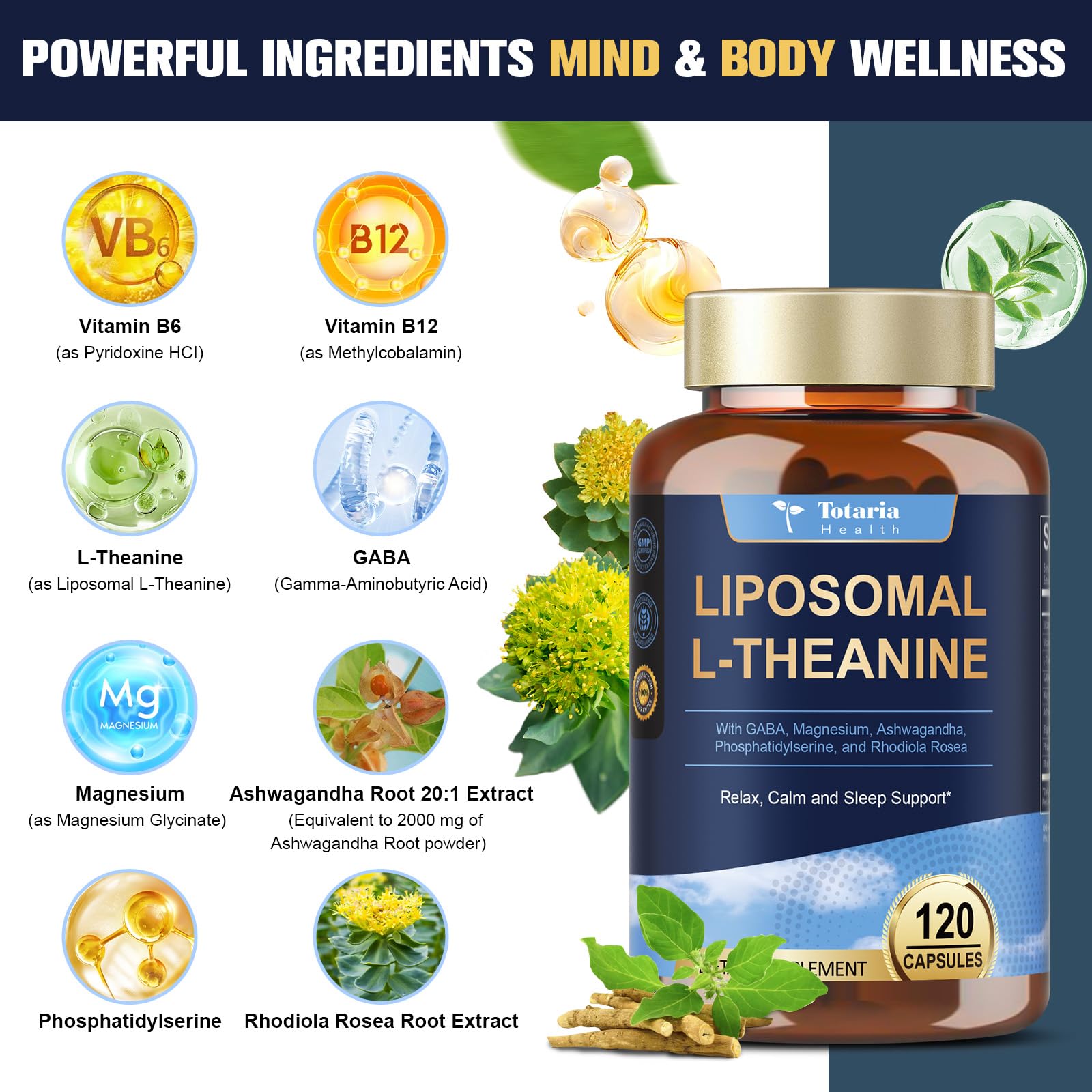Bottle back label with ingredients for Liposomal L-Theanine 750mg
